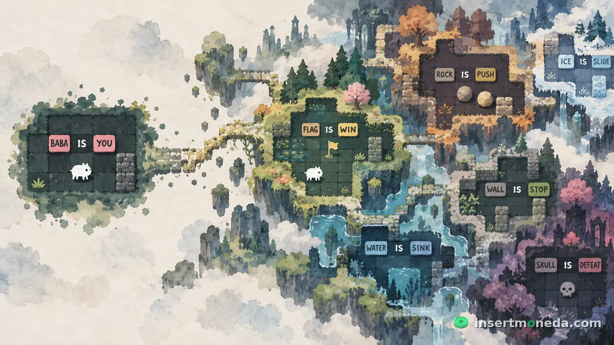 Mapa de islas flotantes unidas por caminos, cada una con su regla: "BABA IS YOU", "FLAG IS WIN", "ROCK IS PUSH", "ICE IS SLIDE", "WALL IS STOP", "WATER IS SINK" y "SKULL IS DEFEAT", ilustración en acuarela