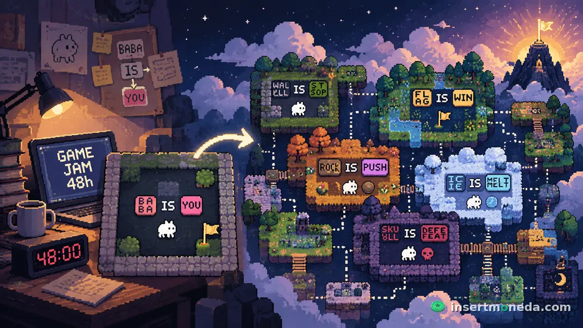 Escritorio de noche con laptop que dice "GAME JAM 48h", reloj en 48:00 y notas de "BABA IS YOU"; de un primer nivel sale una flecha hacia un mapa de niveles con reglas como "ROCK IS PUSH" e "ICE IS MELT", pixel art