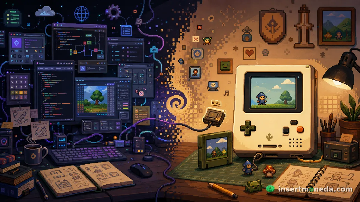 Escritorio dividido en dos: a la izquierda un caos de paneles de código y ventanas de IDE en tonos oscuros, a la derecha una consola portátil cálida y sencilla mostrando un personaje pixel art caminando entre árboles