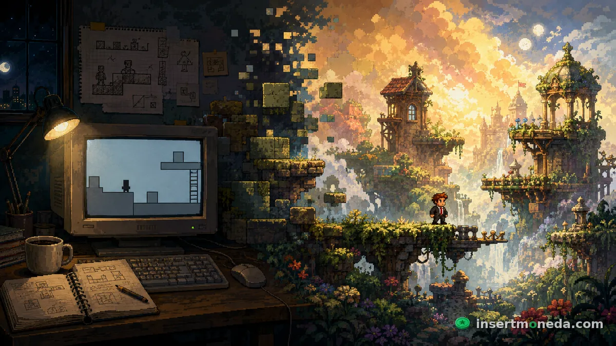 Un escritorio de desarrollador con un monitor viejo mostrando un prototipo de plataformas simple, mientras al fondo se abre un mundo pixel art mucho más elaborado con un personaje parado sobre un puente flotante