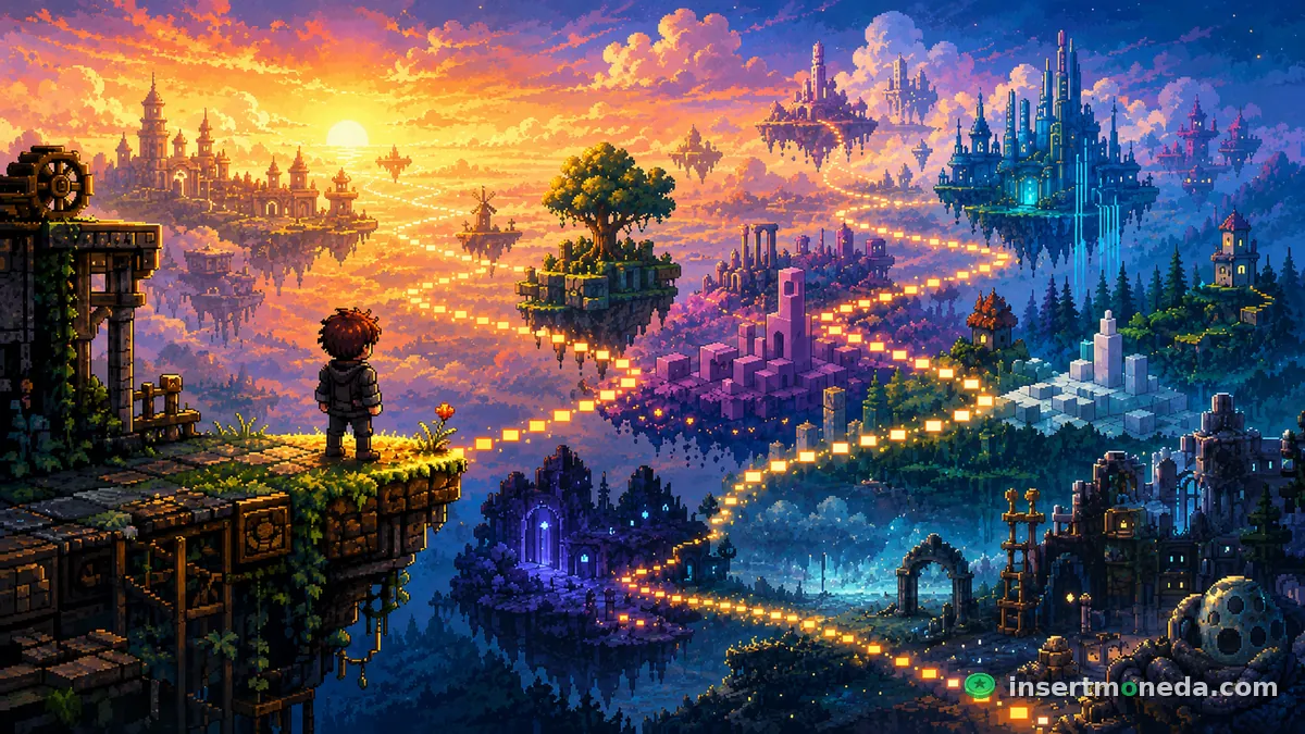 Un personaje pixel art parado en el borde de un acantilado, mirando un camino de luces que se extiende hacia un horizonte de estructuras flotantes y ciudades distantes