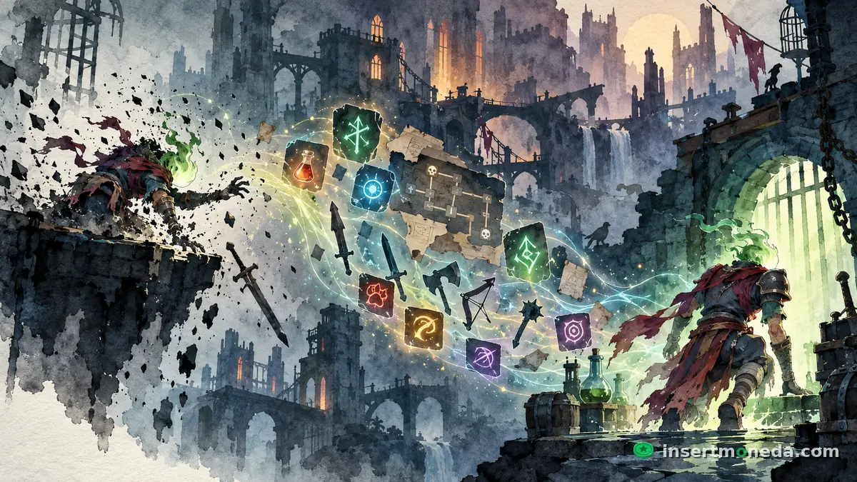 El protagonista de Dead Cells se deshace en pedazos al morir mientras armas, runas, pociones y un mapa viajan en una estela de luz hacia una nueva versión de él que entra por la puerta de la prisión, ilustración en acuarela
