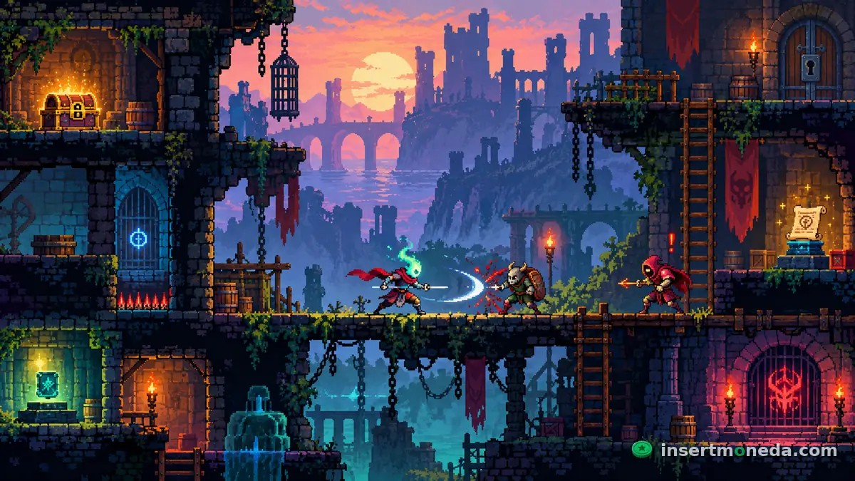 Escena en pixel art de un castillo en ruinas con varios pisos: el protagonista de llama verde lanza un tajo contra un guerrero con escudo mientras un arquero encapuchado apunta desde la derecha, rodeado de cofres, pergaminos y puertas con runas