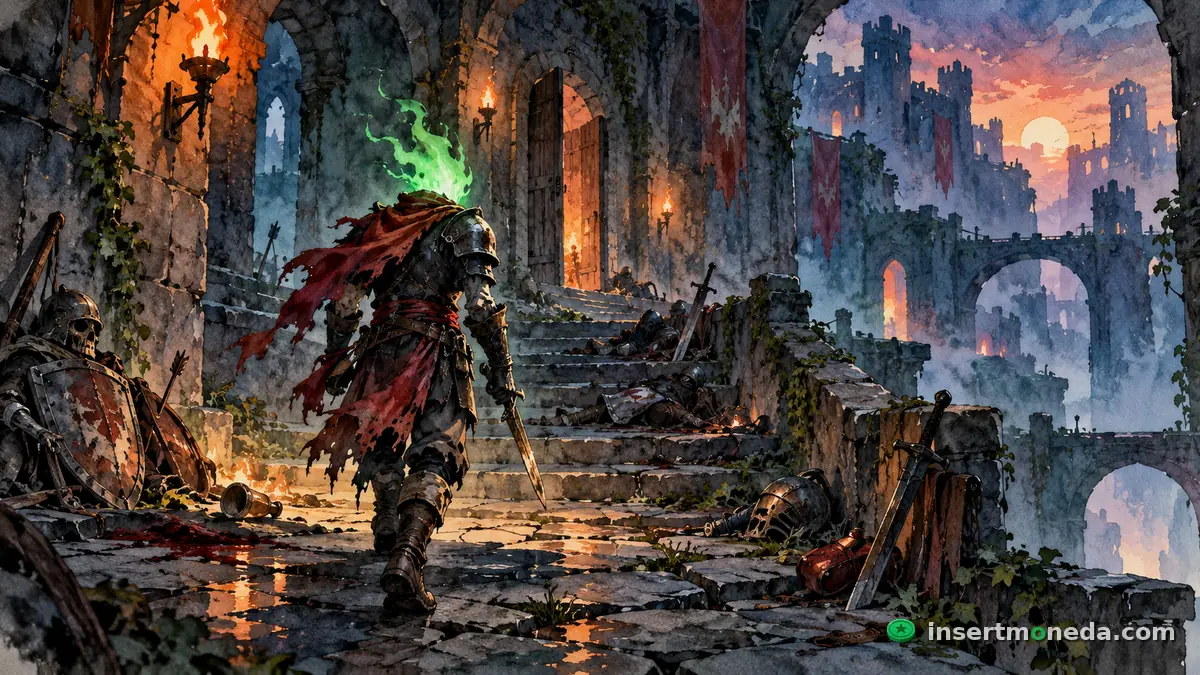 El protagonista de Dead Cells, un cuerpo humanoide con armadura gastada y, en lugar de cabeza, una llama verde luminosa, avanzando por un castillo en ruinas con antorchas encendidas, ilustración en acuarela