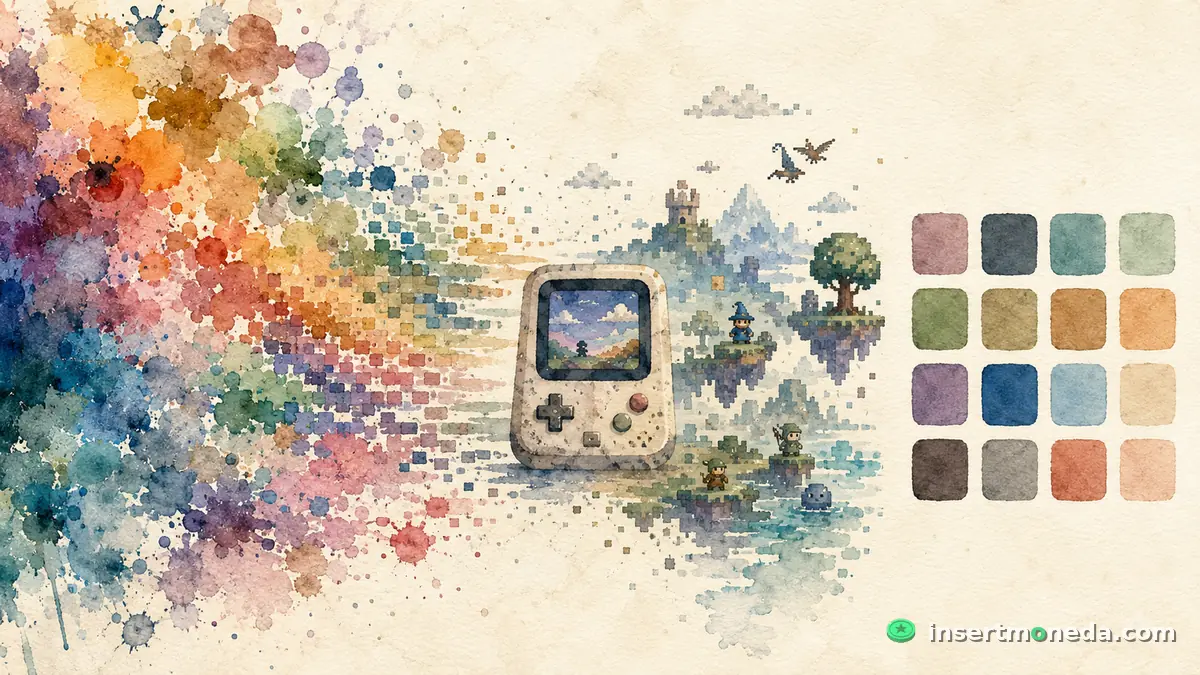 Un splash de miles de colores en acuarela convergiendo hacia una consola de fantasía que renderiza un mundo pixel art, con una muestra de 16 colores a la derecha