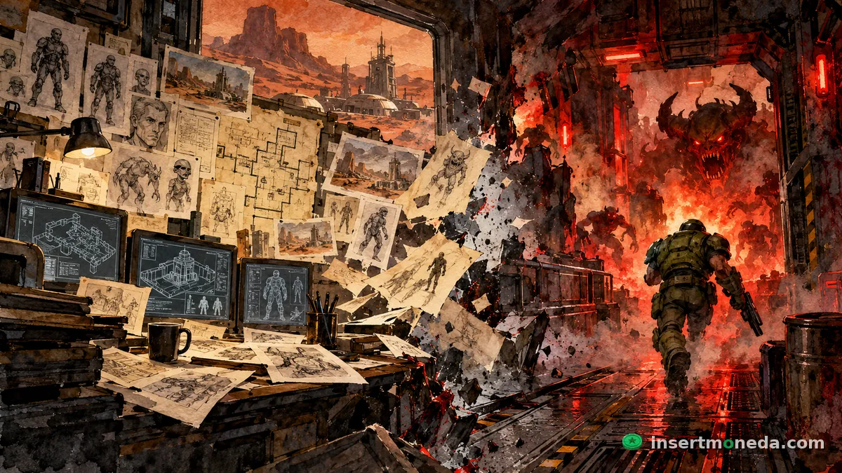 Un estudio con la pared cubierta de bocetos, mapas y monitores con planos se rompe hacia una base marciana invadida, donde un marine corre hacia un portal de fuego lleno de demonios, ilustración en acuarela