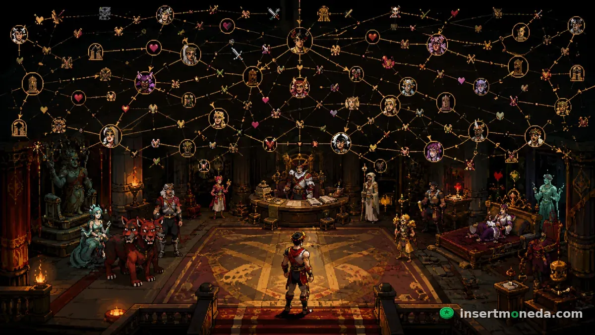 Zagreus de pie en la Mansión del Inframundo, con una red de retratos de personajes conectados por líneas doradas flotando sobre la escena, representando las ramificaciones del diálogo según el progreso del jugador