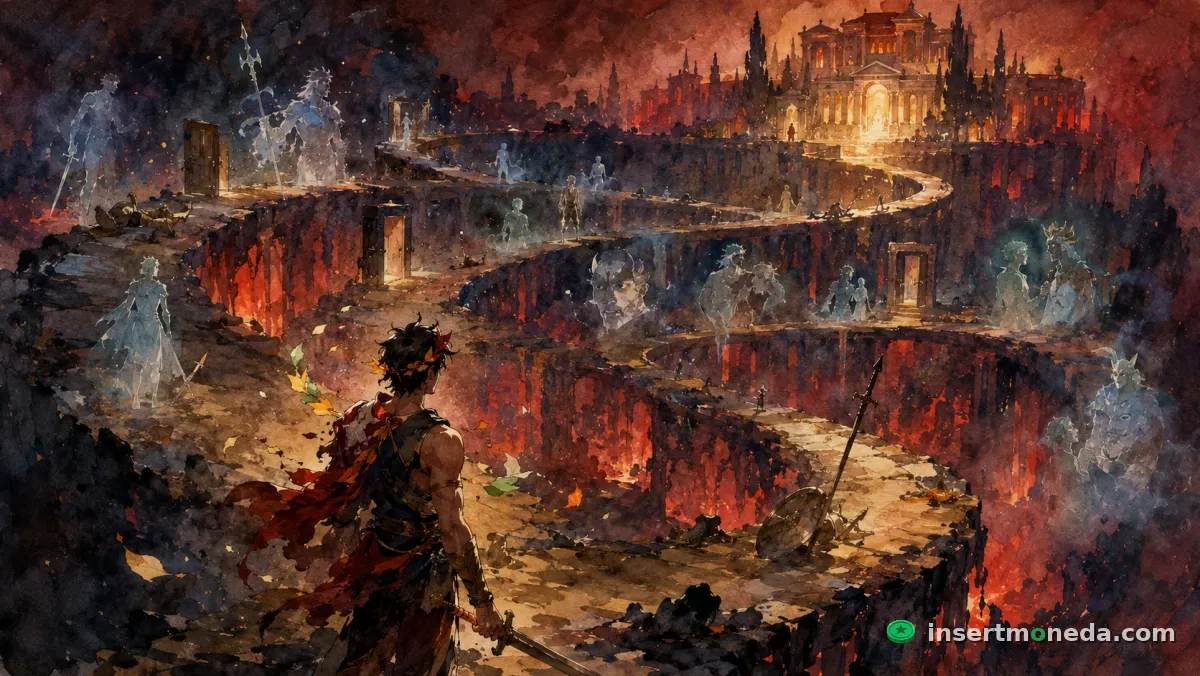 Zagreus descendiendo por un camino en espiral entre las salas en ruinas del Inframundo, rodeado de espíritus y fantasmas, con la Mansión iluminada en la distancia