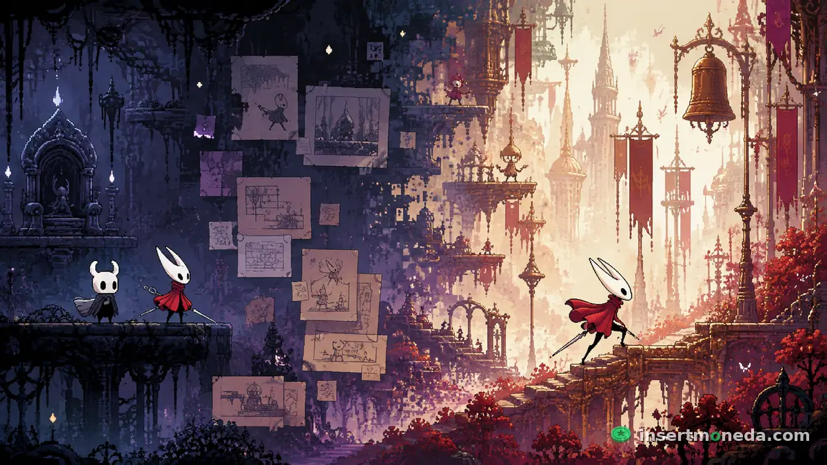El Caballero y Hornet juntos frente a una pared de bocetos conceptuales en Hallownest, con Hornet cruzando sola hacia el reino dorado y rojo de Pharloom