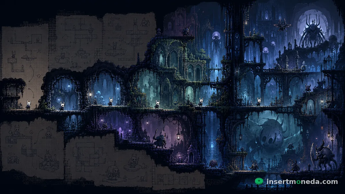 El Caballero repetido en distintas versiones de una misma zona de Hallownest, pasando de boceto de nivel en papel a la escena completamente iluminada y renderizada
