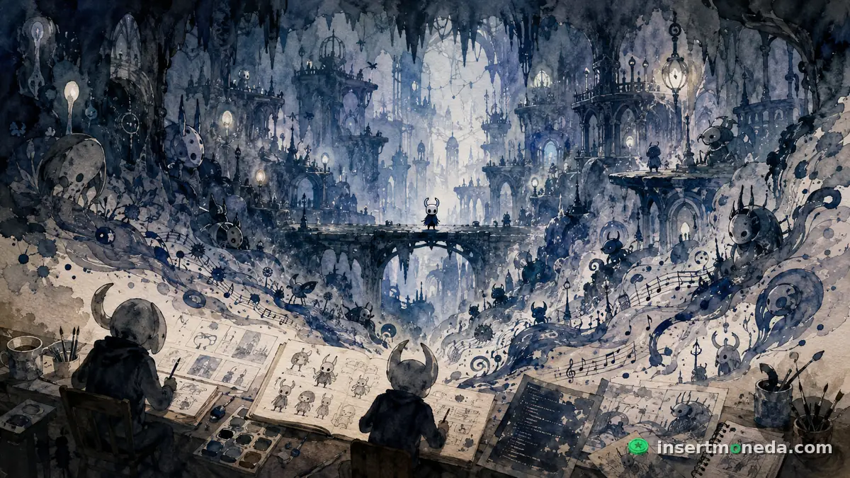 Dos artistas encapuchados con cuernos de caballero dibujando bocetos de Hallownest en una acuarela, con el mundo del juego y notas musicales fluyendo desde su mesa de trabajo