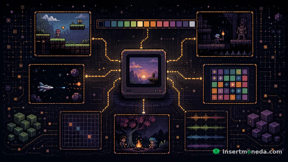 Un monitor retro central con un atardecer pixel art, conectado a paneles que muestran la paleta de 16 colores, sprites, un nivel plataformero, una nave espacial, el mapa de celdas y las cuatro ondas de sonido — cada pieza de Chivo-8 en su lugar