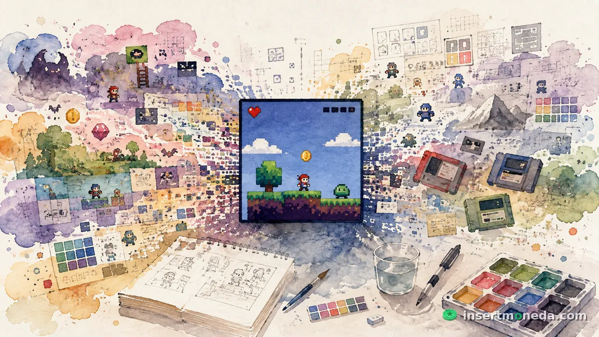 Un framebuffer de 128×128 con un mini-nivel plataformero pixel art, flotando entre bocetos acuarela de sprites, cartuchos retro y una paleta de pintura sobre un escritorio de desarrollo