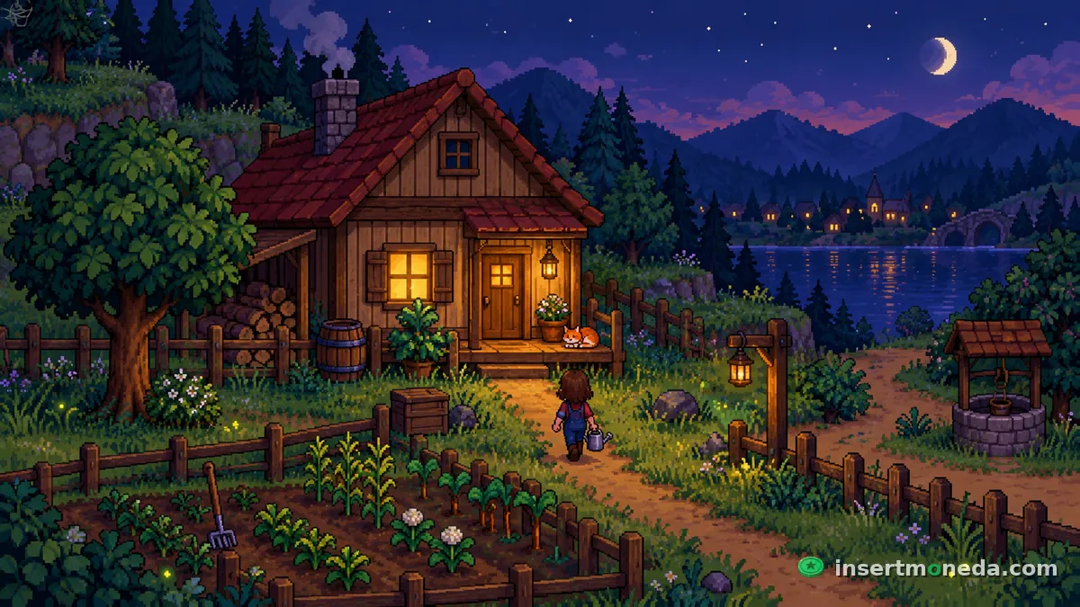 Granjero con regadera camina de noche hacia su casa de madera iluminada, con huerto, pozo, un gato en el porche y el pueblo junto al lago, pixel art
