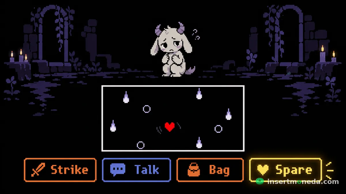 Pantalla de combate en pixel art: un monstruo pequeño y asustado en unas ruinas, un corazón rojo esquivando proyectiles dentro de un recuadro y cuatro botones abajo, con el de perdonar resaltado