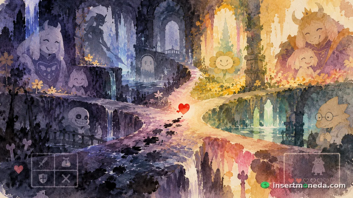 Un camino subterráneo que se divide en dos: de un lado ruinas oscuras y personajes en sombra, del otro una cueva cálida y luminosa con los mismos personajes sonriendo; en medio, un corazón rojo, ilustración en acuarela