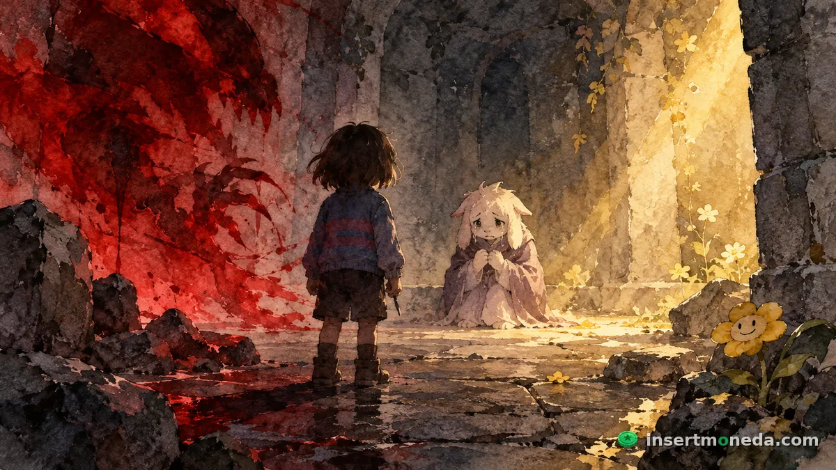 Un niño de espaldas frente a un pequeño monstruo que llora en unas ruinas subterráneas; a un lado la pared se tiñe de rojo y al otro entra luz dorada sobre una flor amarilla sonriente, ilustración en acuarela